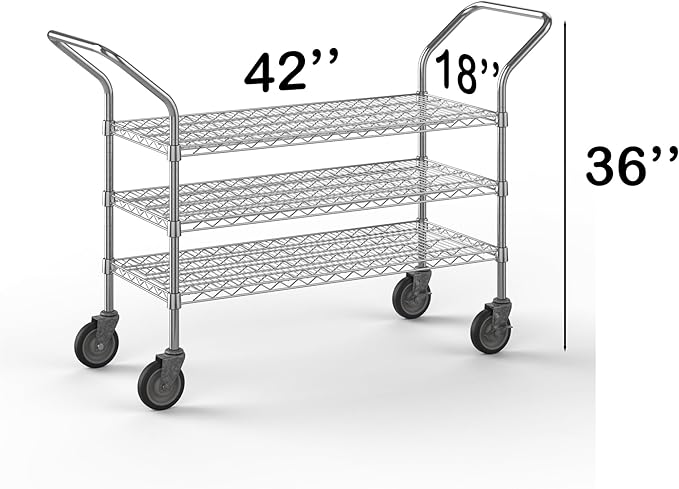 18" W x 42" L x 36" H Chrome Heavy Duty Utility Cart | 3-Tier | NSF Commercial Storage Rack Mobile Unit | Storage and Mobility Solution for Your Business