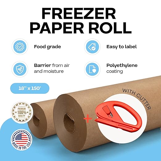 Brown Freezer Paper Roll 18" x 1800" (150 feet) with Cutter - USA-made Freezer Paper for Meat & Fish - Poly-Coated Food Wrapping Material for Freezing - Barrier Against Air & Moisture by IDL Packaging