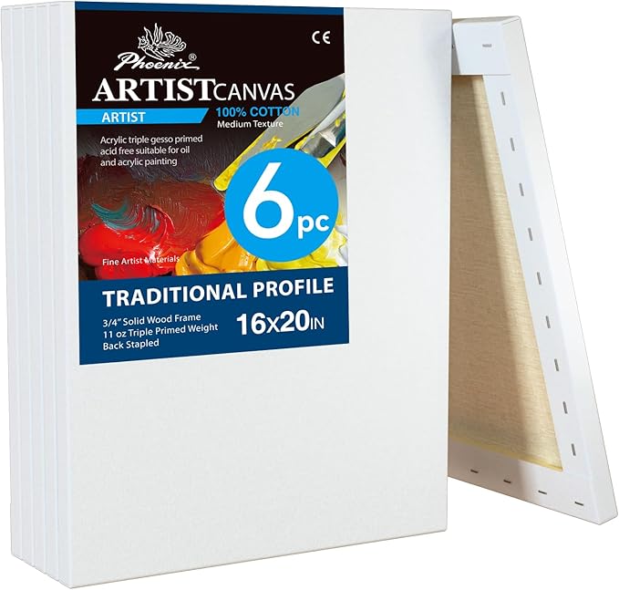PHOENIX 16x20 Inch 6 Pack Artist Canvas - Large Stretched Canvases for Painting - 3/4 Inch Profile, 100% Cotton 11 Oz. Gesso Primed White Blank Professional Canvas Oil & Acrylic Paints