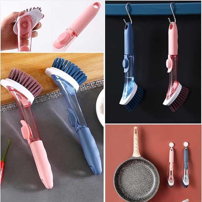Soap Dispensing Dish Brush with 4 Replaceable Heads, Updated No Leaking Soap Dish Scrubber Soap Dispenser, Kitchen Dish Brush with Soap Dispenser for Pot Pan Sink Cleaning(Blue)