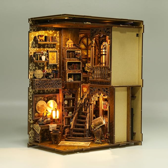 Book Nook Kit for Adult Miniature Model Build Dollhouse Kit 3D Wooden Puzzle with Sensor Led Light for Bookshelf Bookend Insert Decor Adults Teen Crafts(Classical Book Collection Room)