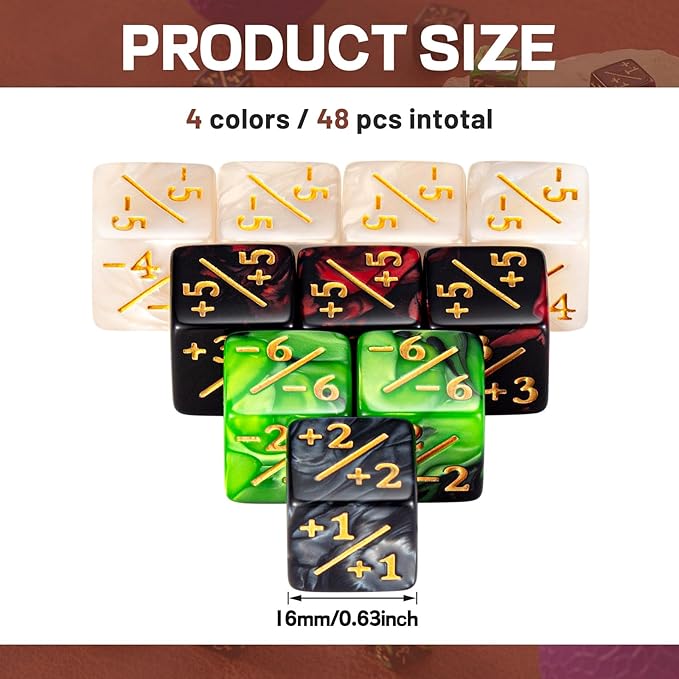 Sumind 48 Pcs Magic Life Counter Dice -1/+1 Counters Commander Buff Tokens 6 Sided Dice Loyalty Life Gifts Compatible with MTG CCG TCG Cards Gaming Accessory (Composite Style)