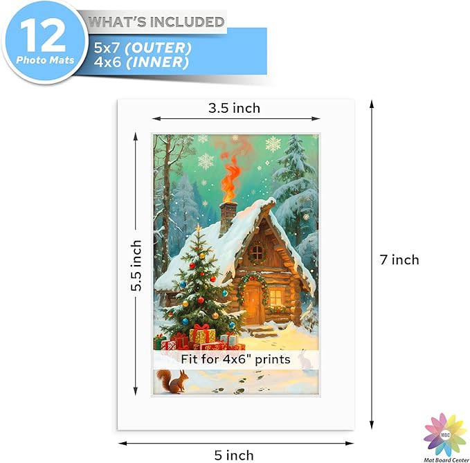 Mat Board Center, 5x7 White Mats for 4x6 Pictures - Acid Free, 4-ply Thickness, White Core, Bevel Cut - for Artworks, Photos, Framing - Pack of 12