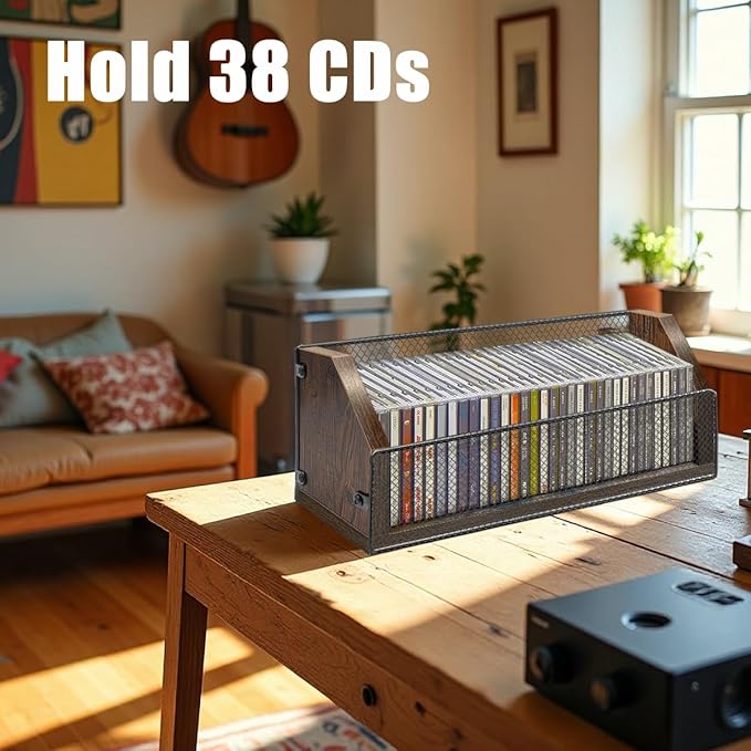 CD Storage Holder CD Case, Wooden CD Organizer Rack, Retro-style CD Rack Shelf Holds Up 32 CDs, Perfect Ideal for Storaging CDs and CD Jewel Cases on Destop or Cassette