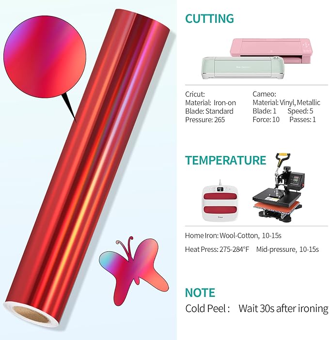 VINYL FROG Holographic HTV Vinyl Roll 12" x5ft Red Metallic Heat Transfer Vinyl Iron on Vinyl Easy to Cut & Weed DIY Heat Press Design for T-Shirts