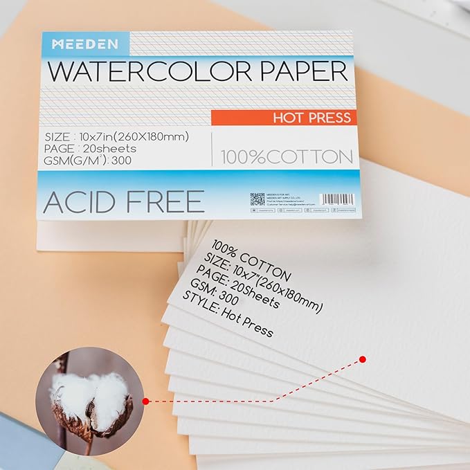 MEEDEN Watercolor Paper Block, 100% Cotton Watercolor Paper Pad of 20 Sheets, 140lb/300gsm, Acid-Free Art Paper for Watercolor, Gouache, Ink and More, 10" x 7" Hot Press