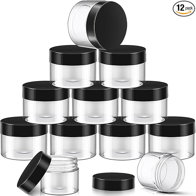 SATINIOR 12 Pack 32 oz Plastic Container Jars with Lids Round Clear Travel Cosmetic Container Slime Jars for Toiletries, Lotion, Cream, Ointments, Makeup, Rhinestone, Samples, Kitchen Storage(Black)