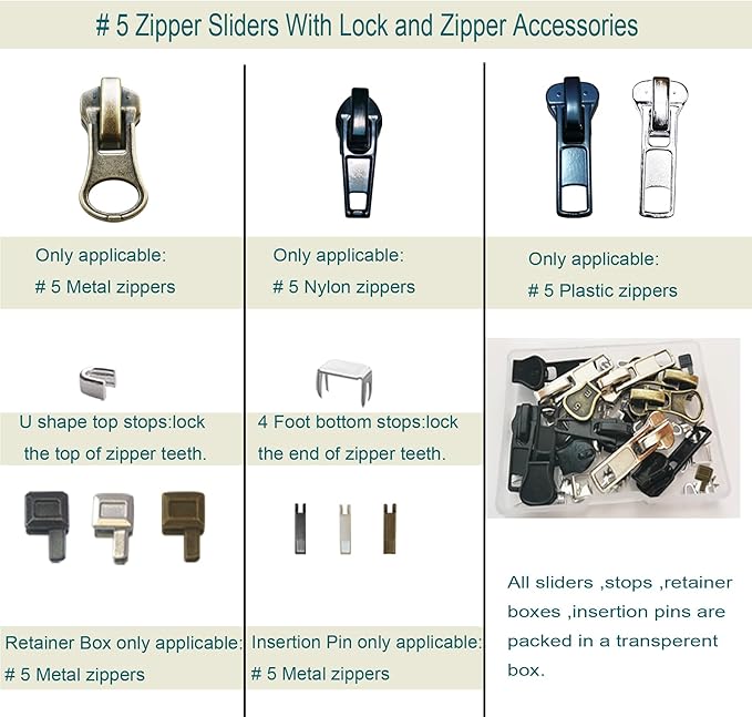 Zipper Repair Kit 39 Pcs, #5 Sliders with Pull, Metal Zippers Retainer Box,Insertion Pin 6 Sets, Replacement Zip Bottom/Top Stop, Metal, Plastic, Nylon Coil Zippers Head FIx on Jaceket