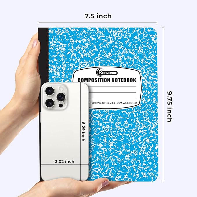 Rosmonde 50 Pack Bulk Composition Notebooks, Wide Ruled, 200 Pages (100 Sheets), 9-3/4 x 7-1/2, Hard Cover, Bulk School Supplies, Assorted Colors Marble Composition Journal, Bulk Notebooks for School