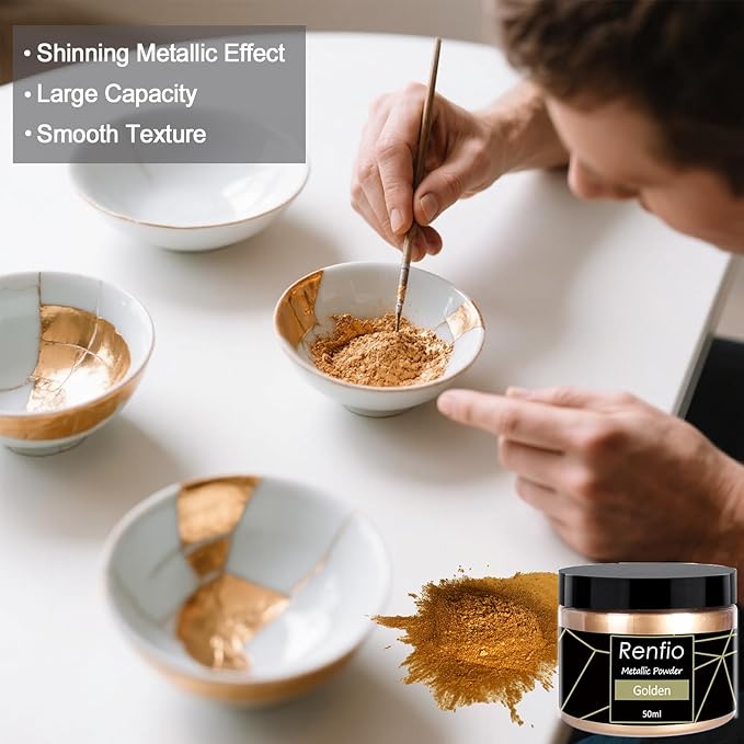 Renfio Metallic Pigment Powder,Gold Mica Powder for Resin,50ml Golden Resin Color Pigment for Kintsugi,Polymer Clay,Crafts,Slime,Candle,Nail,Paint,Fabric,Festival,Decoration