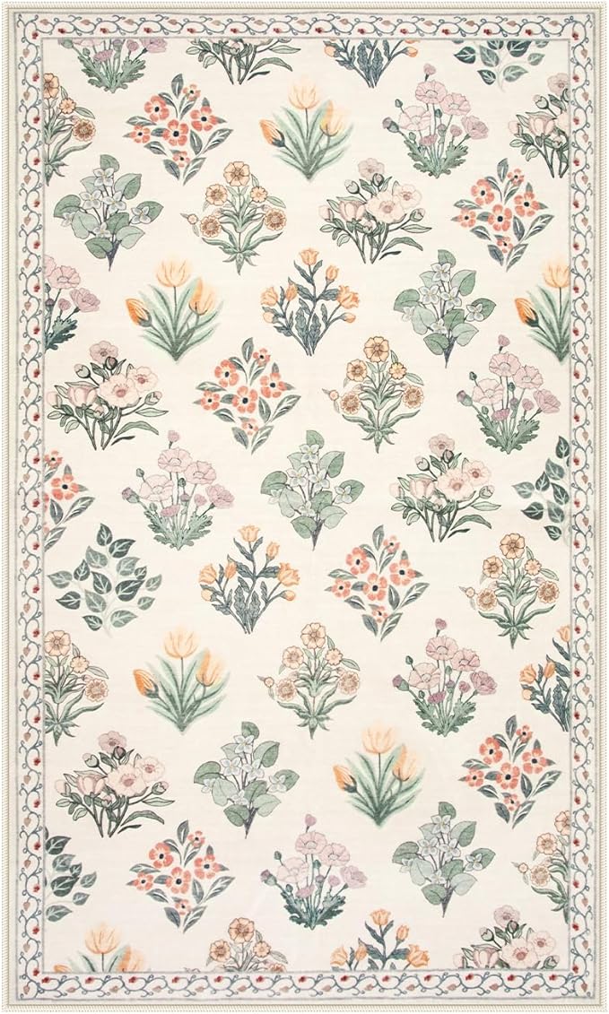 Wonnitar Floral Machine Washable 3x5 Rug, Small Area Rug for Kids Bedroom Nursery, Ultra-Thin Non Slip Soft Moroccan Throw Carpet for Dorm Living Room Large Entryway, Cream Beige