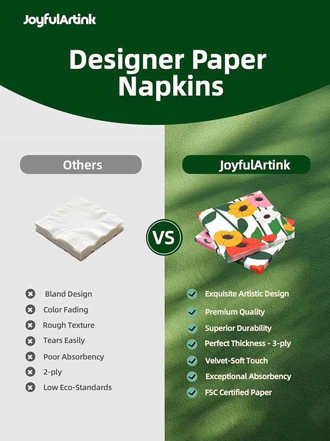20 Pack Designer Paper Napkins, 3-Ply 6.5x6.5-inches Disposable Decorative White Floral Luncheon Cocktail Napkin for Wedding Event/Birthday/Anniversary Party/Baby Shower