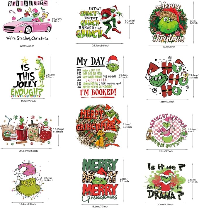 Christmas Iron on Decals Transfer, Funny Christmas Heat Transfer Stickers Iron on Patches for Clothes T-Shirts Pillow Cover Hoody Bag Xmas DIY Craft Supplies Vinyl Stickers (12PC-A)