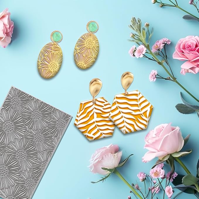 4PCS Polymer Clay Flowers Leaves Texture Sheets Set for Using with Clay Cutters, Boho Clay Texture Mats, Jewelry Making DIY Craft Tools