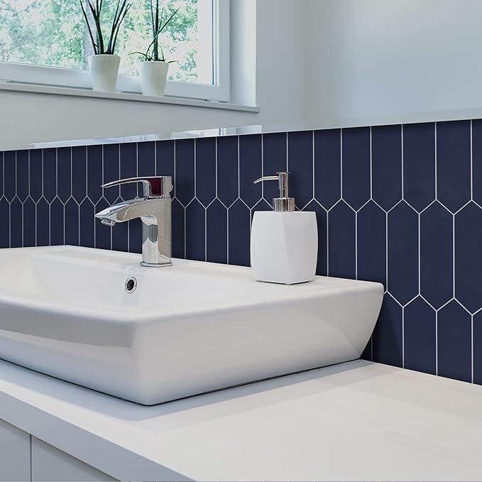 SUNWINGS Backsplash Tile for Kitchen Peel and Stick, Stone Composite Self Adhesive Tiles Long Hexagon Mosaic Wall Tile for Kitchen, 12 Inch x 11.22 Inch 10 Sheets Navy Blue