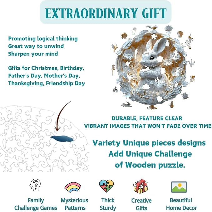 Wooden Puzzles Adults, 3D Paper Rabbit Wooden Puzzles 200 Pieces, Unique Animal Shaped Wood Challenging Jigsaw Puzzles Gifts for Adults, 11.4x11.1in