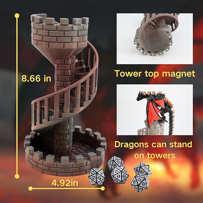 Wyvern Castle Dice Tower (with 5 polyhedral dice and a Dragon) for Table Games, D&D & RPG Games,Perfect Table Decoration and Party Surprise Gifts (Red Black)