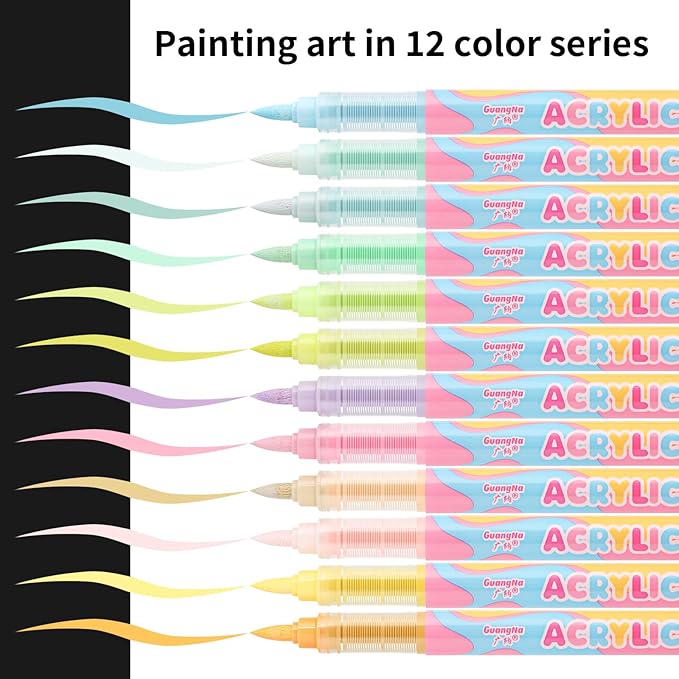 Guangna Acrylic Paint Markers 12 Colors, Skin Tone Series Set with Soft Brush Tip Water Based, Fine Tip Markers for Wood, Canvas, Rock Painting, Glass, Diy Crafts, Fabric Paint