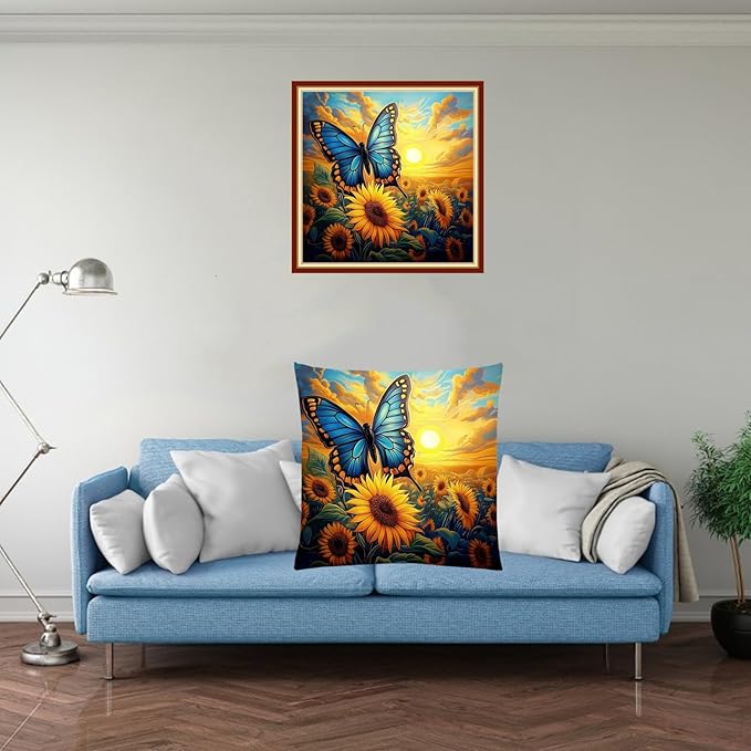 Fanxvivy Stamped Cross Stitch Kits for Adults Beginners Pillow Needlepoint Kit with Embroidery Pattern Needlework Kit Prestamped Stitches Kit 11CT Cross Stitching-Butterfly Sunflower 18x18 inch