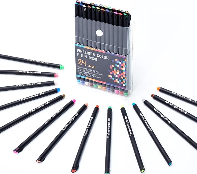 24 Colors Fineliner Color Pens - 0.4mm Fine Point Colored Pens for Journaling, Doodling, Drawing, Note Taking, Adult Coloring, Planner Supplies – Black Barrel