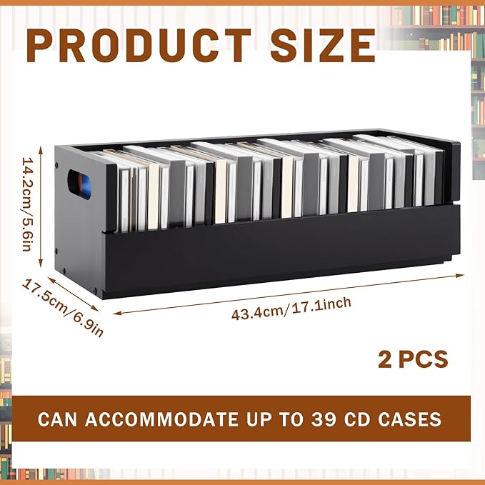 2 Set Wooden CD Storage Box Holder Shelf Cassette Tape Display Racks with Carrying Handles, Organizer Shelf for Movie Cases, DVDs, Each Set Can Store up to 36 Pcs CDs (Black)