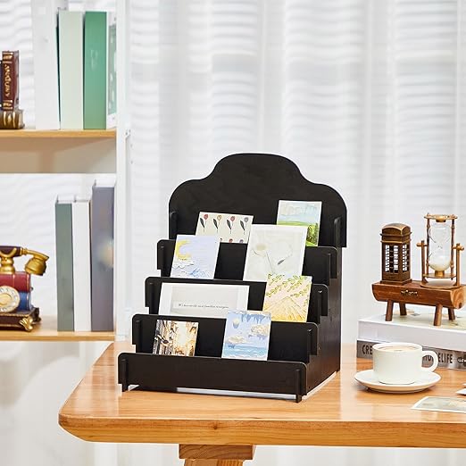 Barydat 2 Pcs 4 Tier Greeting Card Display Stand Wooden Sticker Display Stand Portable Card Display Rack for Vendors Retail Counter Table Display Trade Shows Showcase (Black,11.8 Inch)