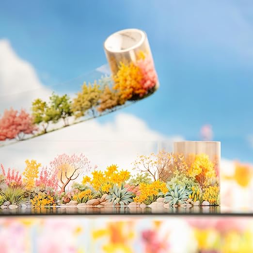 6 Rolls Transparent Floral and Botanical PET Tape Set, Landscape Stickers for Journaling, Scrapbooking, and DIY Crafts, with Decorative Clip