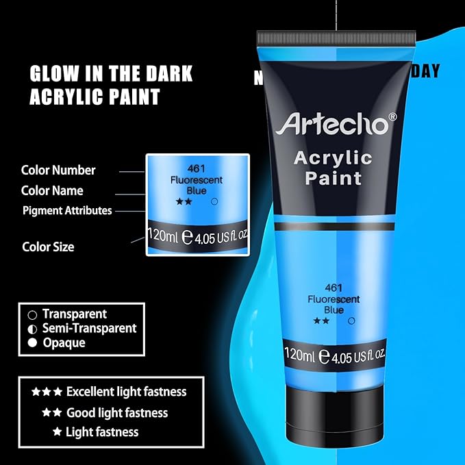 Artecho Glow in the Dark Paint, Neon Orange Paint (120ml / 4.05oz) Tubes, Art Craft Paints for Canvas, Rock, Stone, Wood, Fabric, Art Supplies