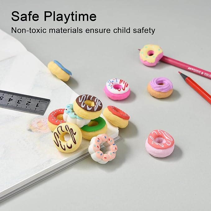 HILAZA Donut Erasers for Kids Bulk, 24 Pieces 3D Cute Fun Food Erasers for Party Favors Classroom Prizes