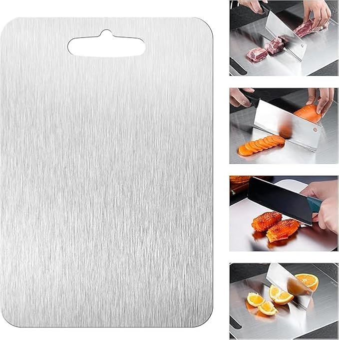 Cutting Board Double Sided,2 Pcs Vegetable Board With Sharpening Stone,Large Size+Small Size,Food Grade Stainless steel and Wheat straw PP Material,Eco-Friendly (Silver)
