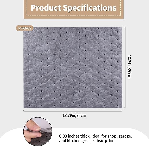 E-SDS Oil Absorbent Pads with Wall Hooks - 100-Pack (5x20) 13"x10" Reusable Liquid Spill Mats for Garage & Workshop - Super Absorbent Leak Control Pads (Grey, Boxed)