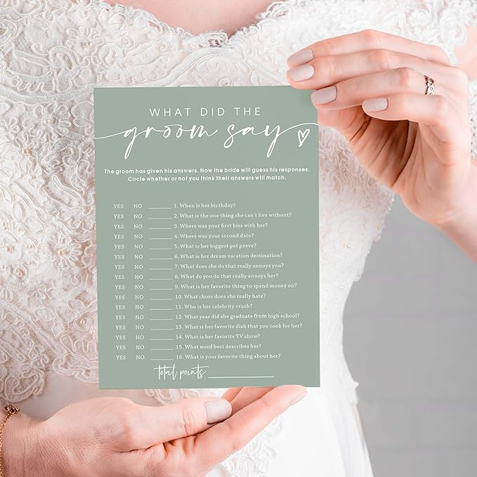 Bridal Shower Games Cards & What Did the Groom Say - 25 Guest Engagement Party Wedding Games - Minimalist Green Wedding Party Supplies - C12