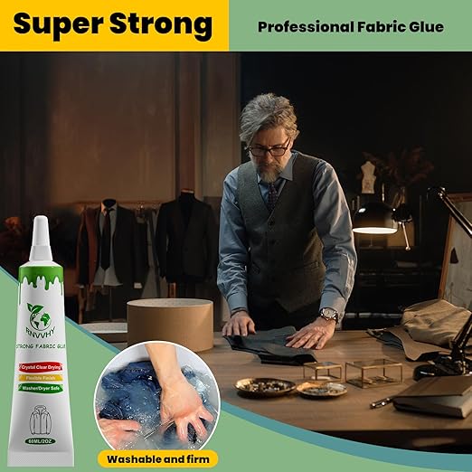Fabric Glue Permanent, 60ml Super-Strong Clear Washable Fabric Adhesive for Clothing, Patches, Leather, Cotton, Denim, Polyester, Doll Repair (Fabric Glue Kits 2 Pack)