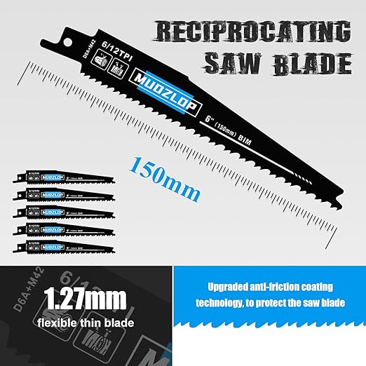 5 Pack 6 inch Reciprocating Saw Blades Set,6/12 TPI High Carbon Saw Blades, Woodcutting Saw Blades with Organizer Case (5, 6/12TPI/150mm)