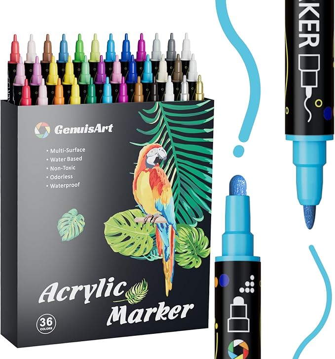 36 Colors Acrylic Paint Pens, Acrylic Paint Markers Dual Tip, with Dot Tip and Fine Tip, Acrylic Markers for Rock Painting, Wood, Canvas, Fabric, Paper, DIY Crafts Making Art Supplies (36)
