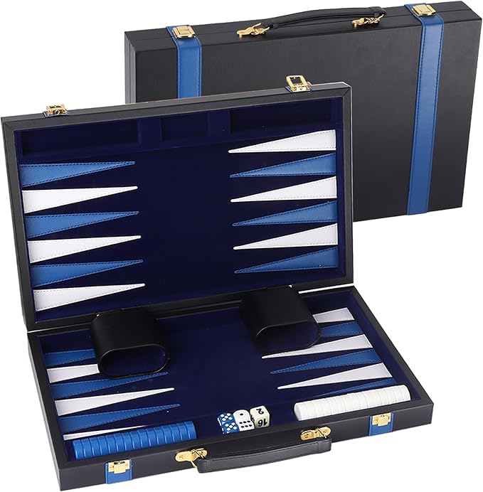 GSE Games & Sports Expert Premium Leather Backgammon Board Game Set, Classic Backgammon Game Set with Leather Case, Travel Folding Board Game (Black&Blue, Large)