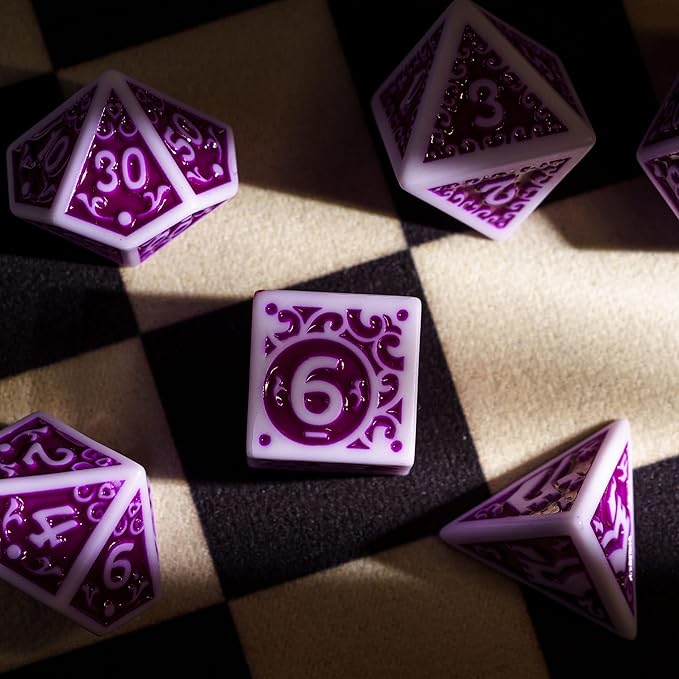 7-Die DND Dice Set New Pattern Polyhedral Dice Set with Leather Bag D&D Die for RPG Table Games(White Purple)