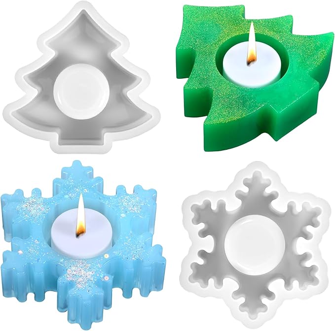 2PCS Christmas Resin Molds Christmas Tree Candle Holder Resin Molds Snowflake Silicone Resin Mold for Tea Lights Epoxy Resin Mold for Home Table Decorations Xmas Decor