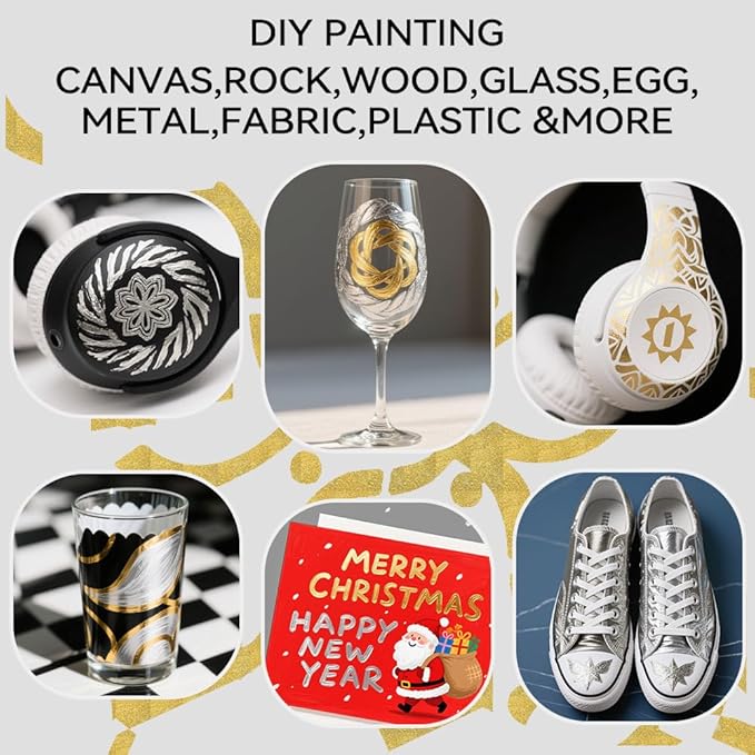 TRANSON 3 Gold, 3 Silver, 1 Black and 1 White Paint Markers Bold and Fine Dual-tip Acrylic Paint Marker Set for Rock Painting Glass Canvas Wood Leather Ceramic Painting