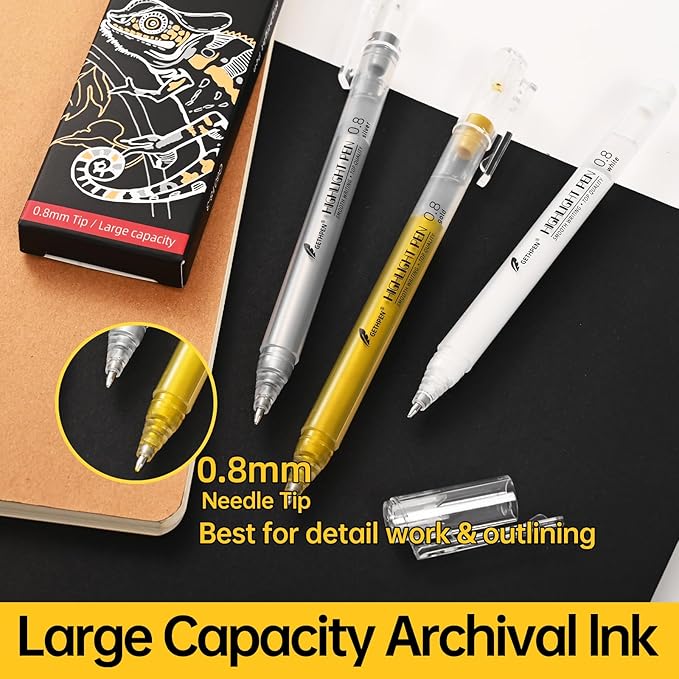 0.8mm Extra Fine Point 3 Colors Gel Pen Set White,Gold and Silver Gel Ink Pens for Artists Drawing on Black Paper, Sketching, Bullet Journaling & Holiday Crafts