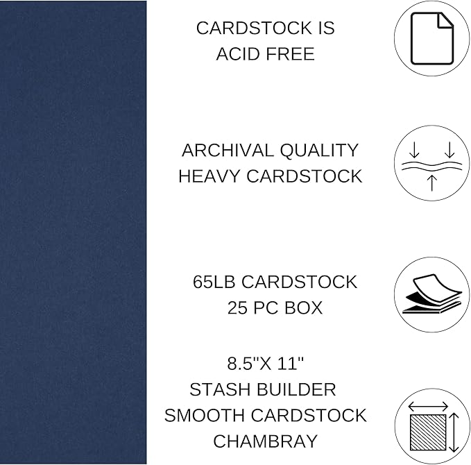 PA Paper Accents Stash Builder Cardstock 8.5" x 11" Chambray, 65lb Colored cardstock Paper for Card Making, Scrapbooking, Printing, Quilling and Crafts, 25 Piece Pack