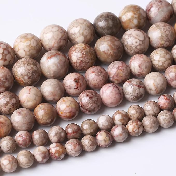 32PCS 12MM Flowery Cowry Fossil Stone Beads Energy Healing Beads for DIY Jewelry Bracelet Necklace Making for Jewelry Making15Inch