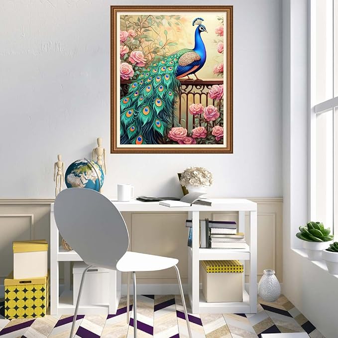Disnesart Cross Stitch Stamped Full Embroidery Kits DIY 11CT Cotton Thread Printed DIY Needlepoint Kits Craft Needlework Set Cross-Stitch Stamped Sets-Blue Peacock Landscape 16x20 inch