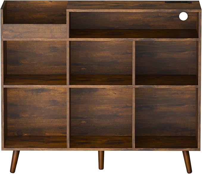 Cozy Castle Large Record Player Stand, Vinyl Storage Cabinet Mid Century Modern Turntable Stand Media Console Table Open Shelf Cube CD Album Holder Organizer for Living Room, Office, Rustic Brown