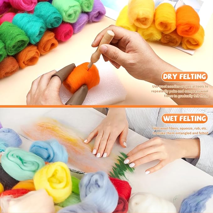 Mayboos 96 Pcs Needle Felting Wool, 48 Colors Wool Roving Yarn, Fiber Wool Roving for DIY Hand Spinning Needle Felting Wool Craft 3g/Pack