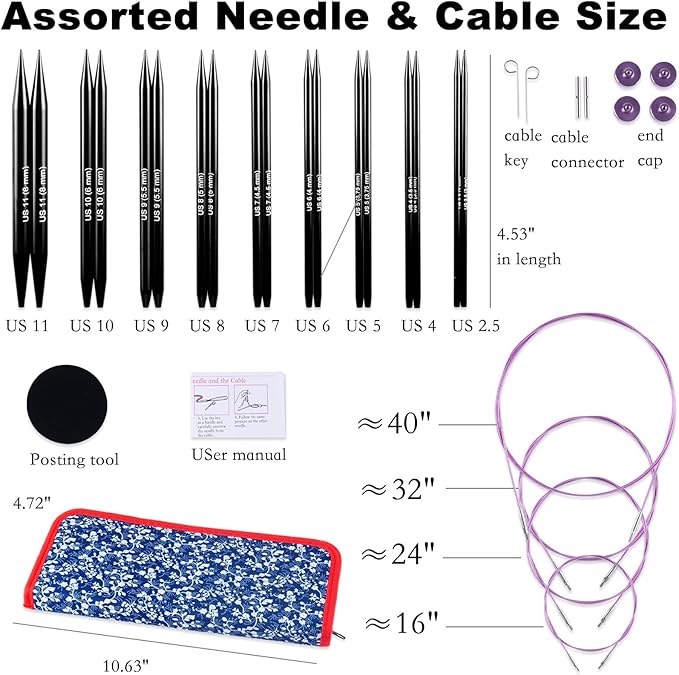 Svartur Interchangeable Circular Knitting Needles Set, with Assorted Circular Knitting Needles and Cables, Accessories and Case, 9 Pairs
