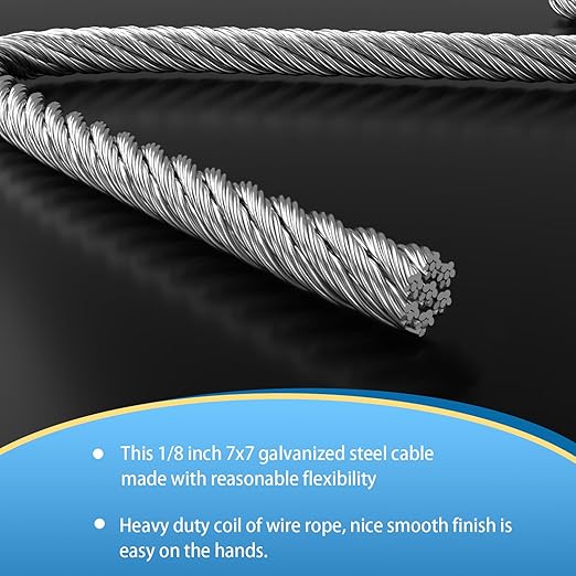 1/8 Galvanized Steel Wire Rope Cable, 100FT Galvanized Steel Cable with Rope Clamp and Thimble, 7X7 Strand Core Aircraft Cable Used for Anchored Shed, Fencing, Sunshade, Clothesline,
