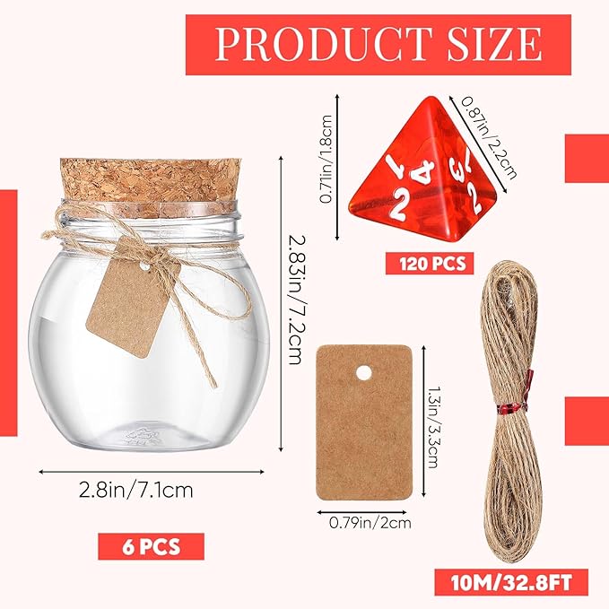 Wettarn 120 Pcs Transparent Red D4 Dice6 Pcs Pot Bottles Plastic Favor Jars with Cork Lids Healing Potion Bottles Polyhedral Dice Set for Party Favors Table Games(Ball Style)