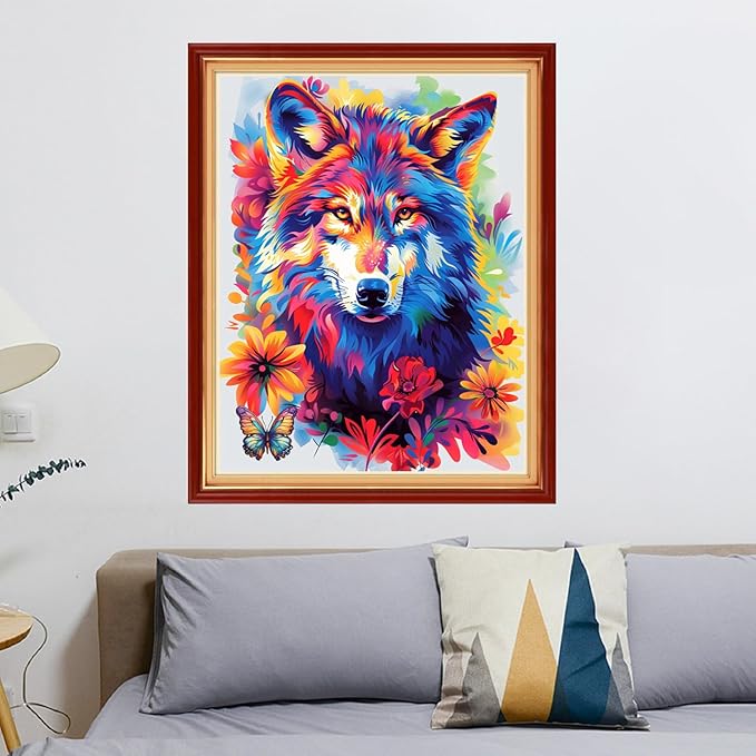 Redxing Stamped Cross Stitch Kits Full Range of Embroidery Starter Kits- Needlepoint Counted Cross Stitch Kits for Beginner Adults 11CT Printed Embroidery Kit-Colorful Wolf cinchs