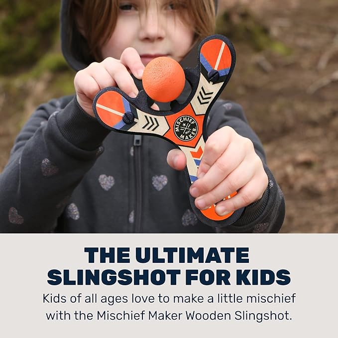 Mighty Fun! - Mischief Maker® Wooden Slingshot - Classic Series - Real Wood Slingshot for Kids, 4 Soft Foam Balls and Storage Bag - Ages 4+ (Orange)